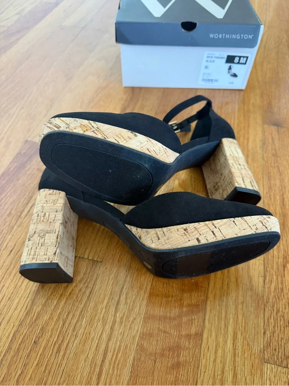 Worthington Black Suede Cork Block Heel Sandals